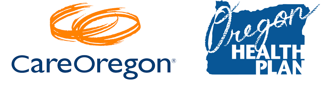 Logos of three health plans: CareOregon with orange spiral, Oregon Health Plan with blue Oregon state outline, and Trillium Community Health Plan with green and purple trillium flower design.