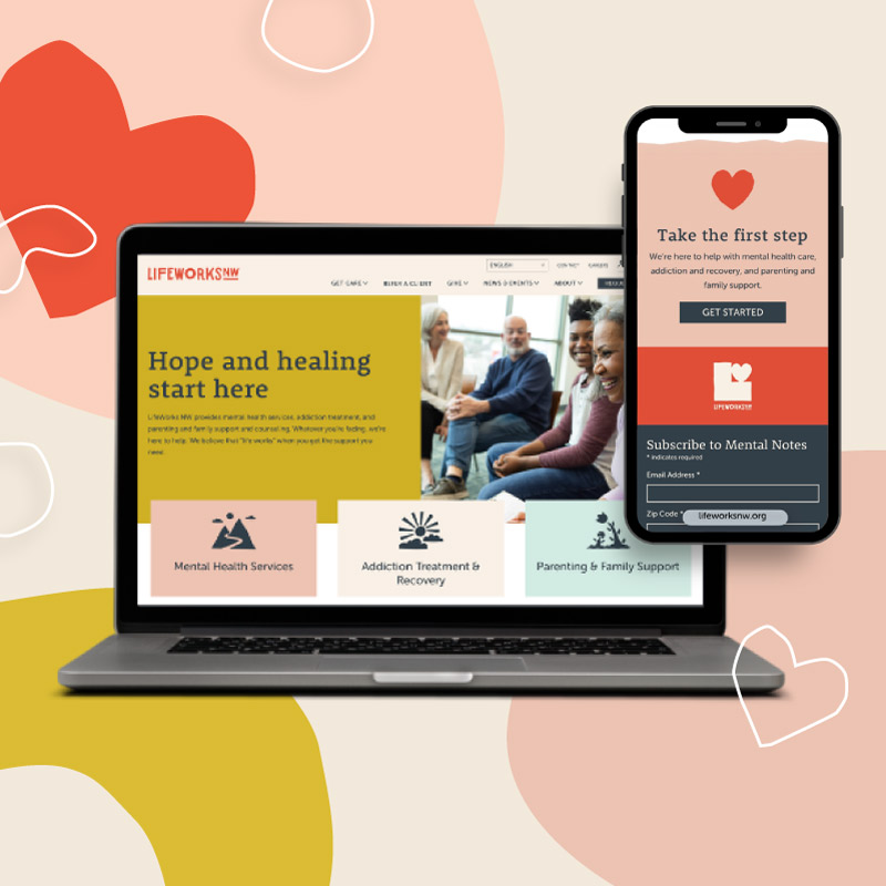 A graphic with LifeWorks NW imagery and screenshots of a desktop and mobile version of the new website.
