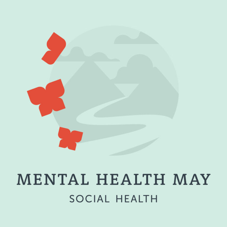 Graphic for Mental Health May featuring one of the four pillars of mental health: social health (represented as butterflies in the graphic)