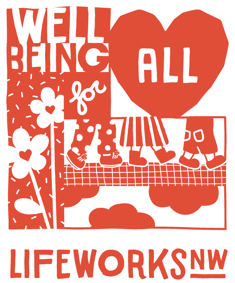 namiWalk_tshirt_2025 The 2025 LifeWorks NW NAMIWalks t-shirt design features the tagline "Wellbeing for all."