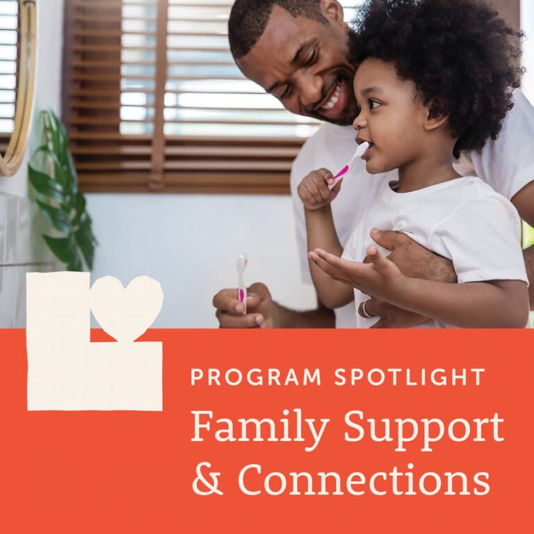 Father and daughter brush their teeth in a graphic highlighting the Family Support and Connections program.
