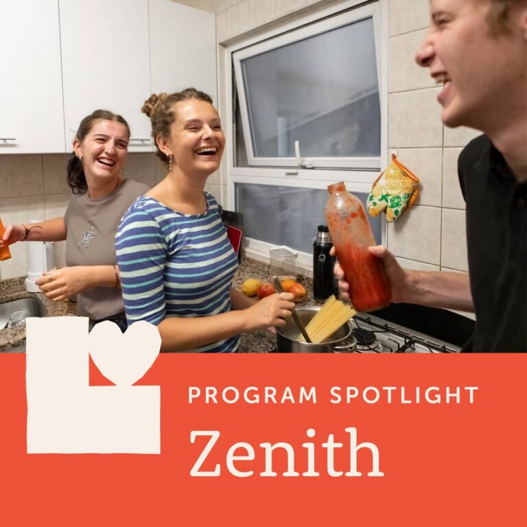A graphic that shows young people talking in a kitchen while preparing food, with the words "Program Spotlight: Zenith" on part of the image.